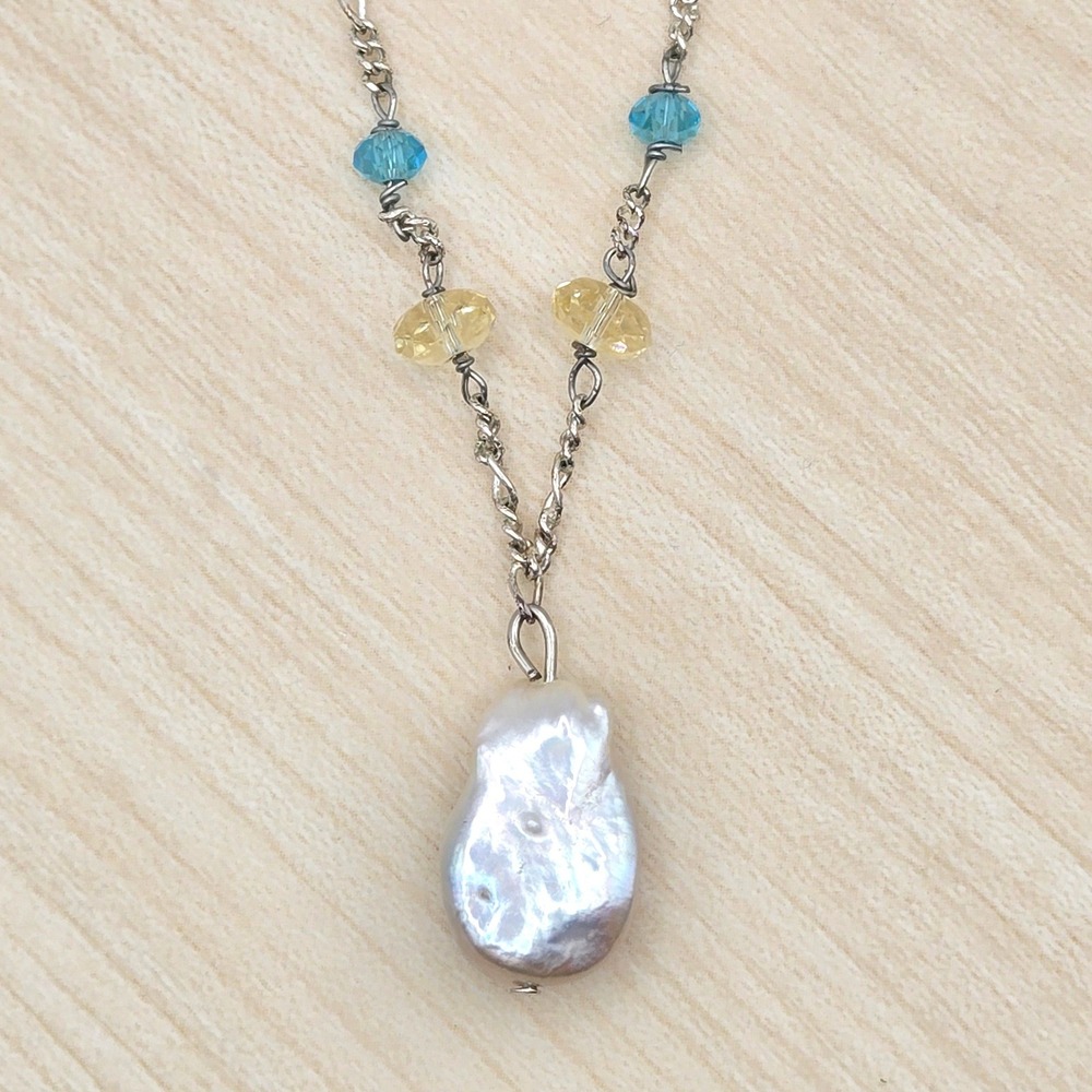 Handmade Baroque Pearl Necklace Silver Tone Figaro Chain Blue Yellow‎ Glass 18in